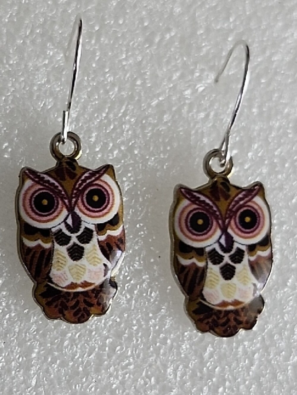 Hand Crafted Brown and Pink Owl Drop Earrings